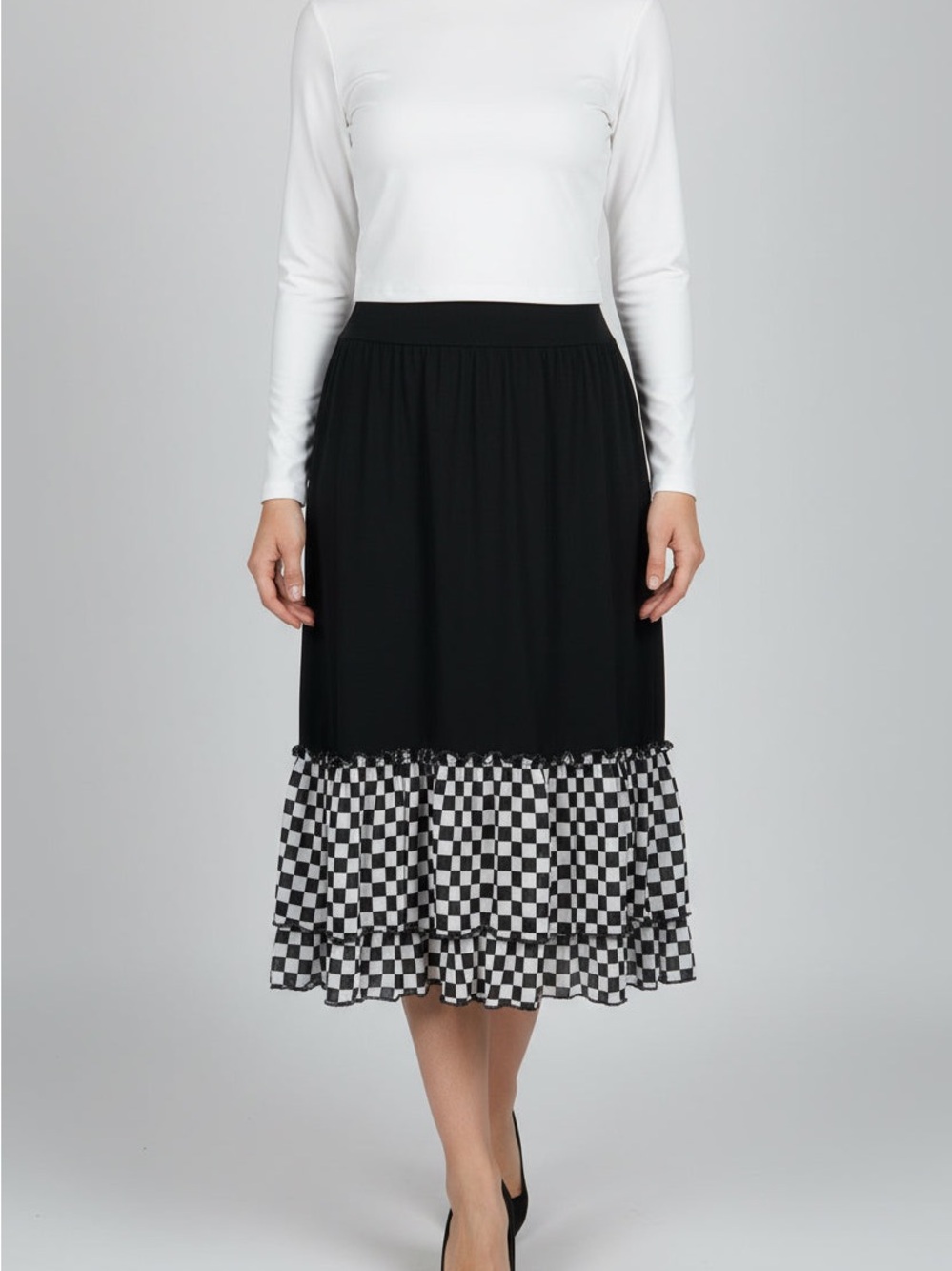 Black Midi Skirt with Checkerboard Tiered Hem